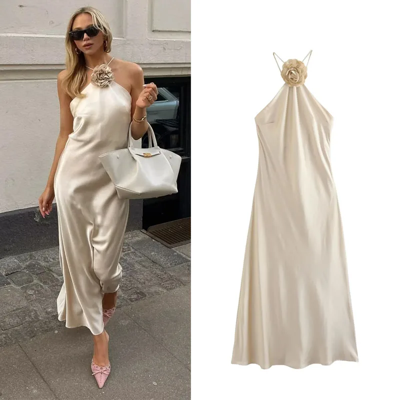 TRAF Flower Halter Dress – Off Shoulder Satin Evening Wear