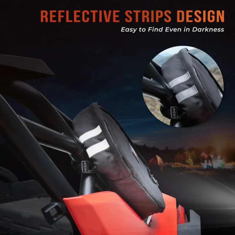 Off-road gear bag with reflective strips visible.