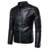 Men's sleek black slim fit leather jacket with a modern design and stylish details.