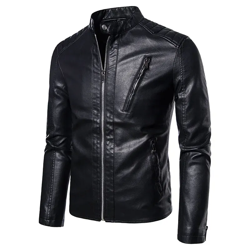 Men's sleek black slim fit leather jacket with a modern design and stylish details.