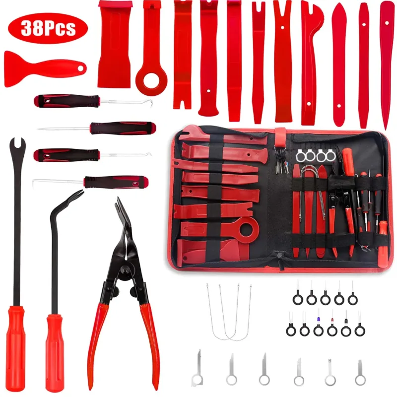 38-piece interior trim removal tool kit displayed in red color