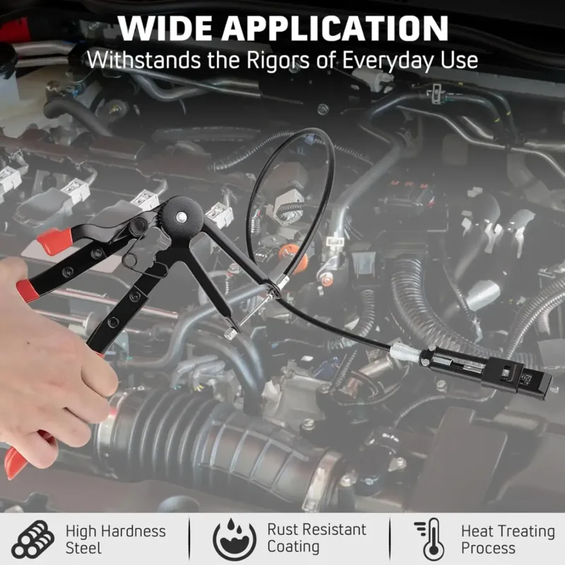 Long reach pliers working on a car engine.