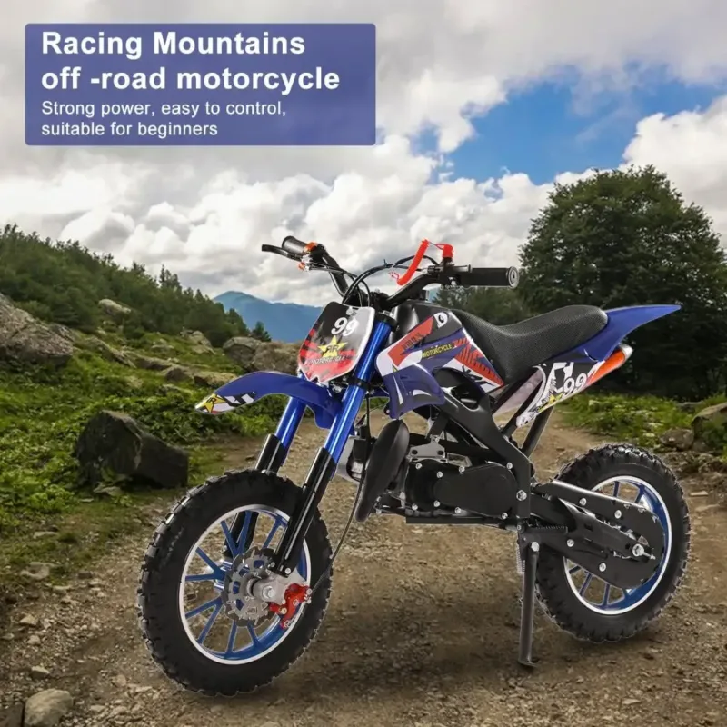 49cc Kids Dirt Bike parked on a dirt trail.