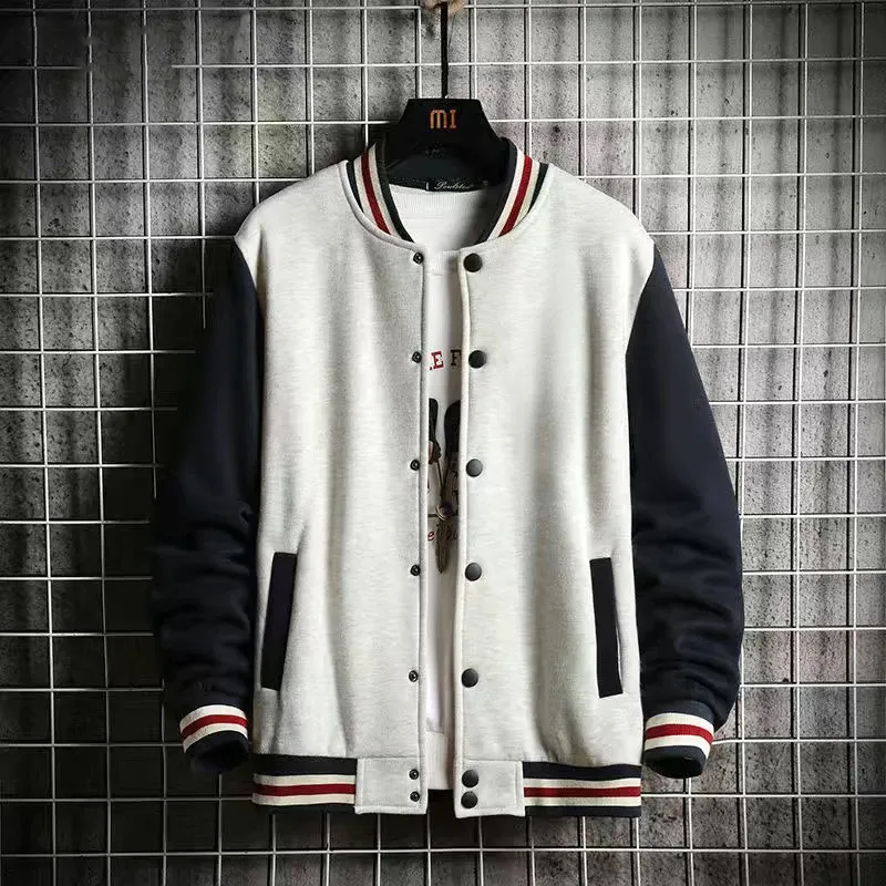 Clean and classic gray men's bomber jacket fleece with navy accents and striped cuffs.