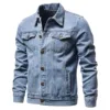 Light blue Men's Denim Jacket 2024 with classic button closures and flap pockets.