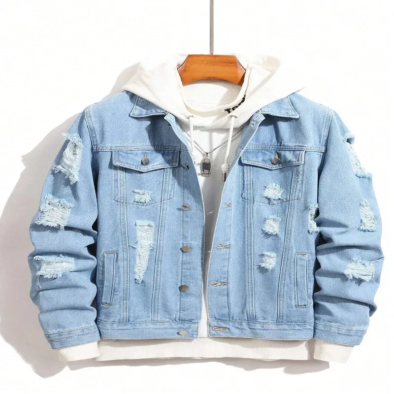 Front view of a light blue men's destroyed denim jacket with a white hoodie underneath.