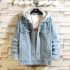 Light blue mens hooded denim jacket with a white hood, paired with a graphic tee.