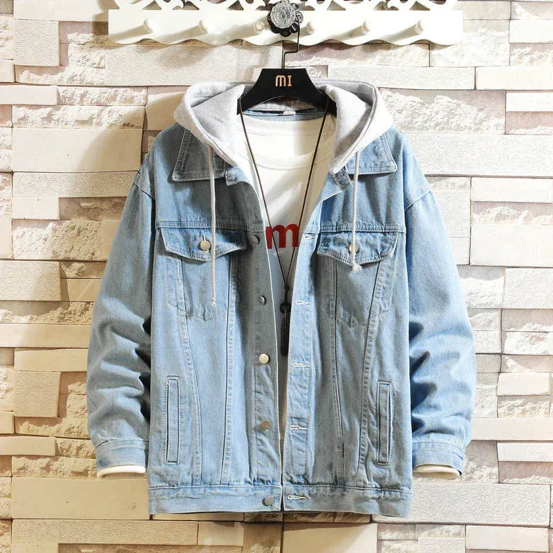 Light blue mens hooded denim jacket with a white hood, paired with a graphic tee.