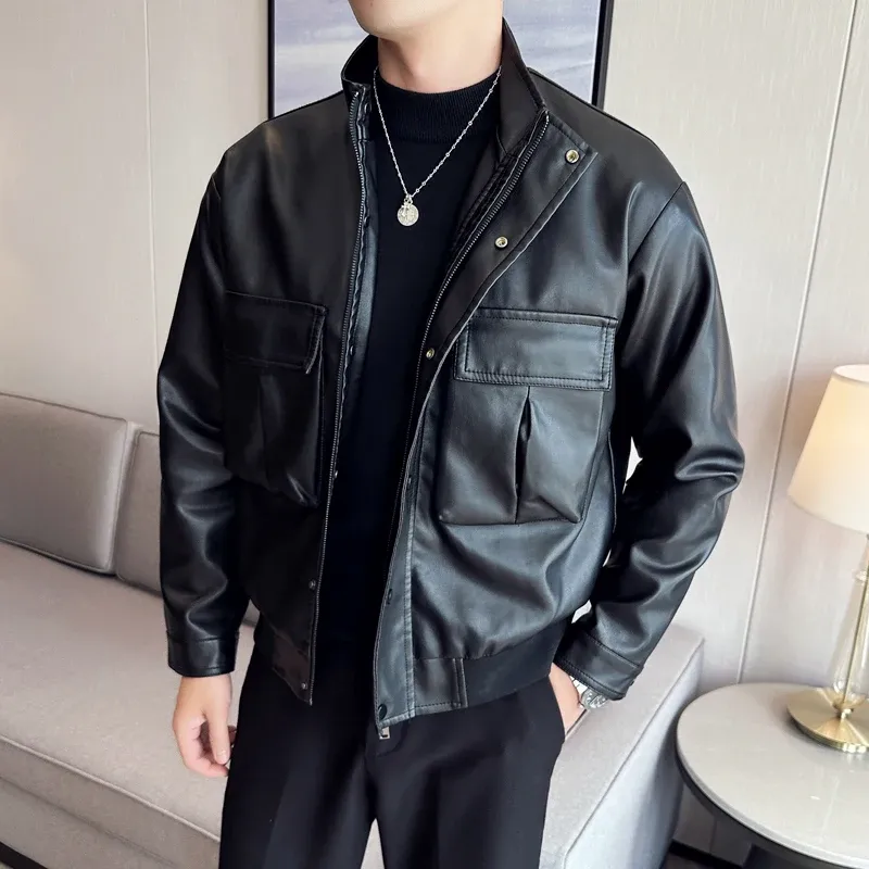 Model wearing a black men's leather motorcycle jacket with a classic and timeless look.
