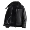 Front view of a black mens luxury leather coat with a classic design and plush fleece lining.