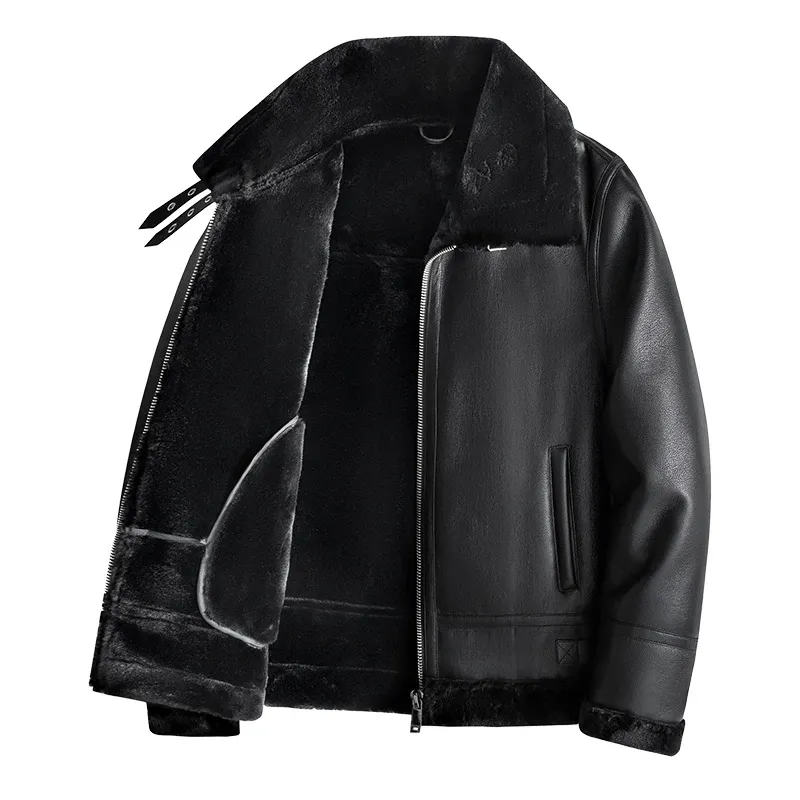 Front view of a black mens luxury leather coat with a classic design and plush fleece lining.