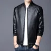 Model showcasing a black plus size Korean leather jacket with a classic and timeless look.