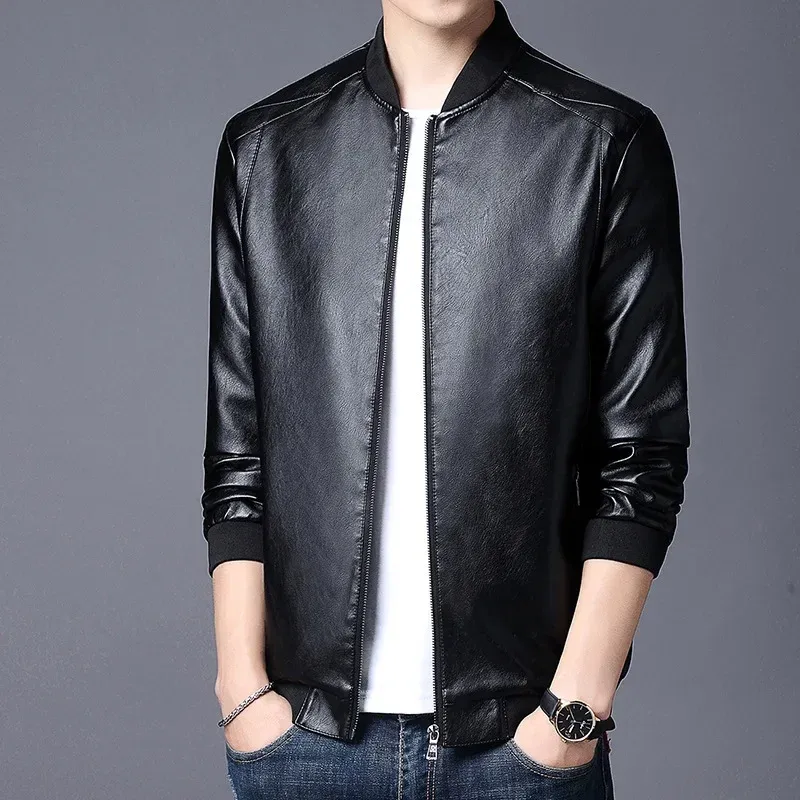 Model showcasing a black plus size Korean leather jacket with a classic and timeless look.