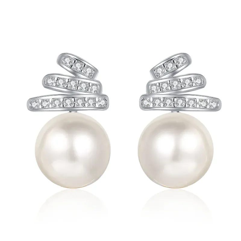 S925 sterling silver earrings with 9mm freshwater pearl and moissanite accents