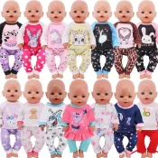 Collection of colorful and playful 18 inch doll pajamas featuring various fun designs like pandas, unicorns, bunnies, and more.