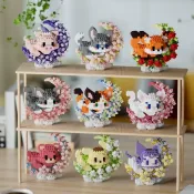 Mini Pet Building Blocks - Dog, Cat, Panda, Raccoon Ornaments - A close-up of completed pet figurines built from colorful blocks, featuring vibrant colors and charming details