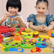 3D Color Clay Playset - Brightly colored clay being shaped into ice cream, burgers, and noodles using themed molds