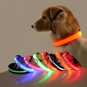 LED dog collar with nylon material, flashing glow feature for night safety and visibility.