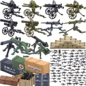 WW2 Military Building Blocks - Soldier Figure & Accessories - A close-up of completed WW2 soldier figures and accessories built from colorful blocks, featuring intricate details and historical accuracy