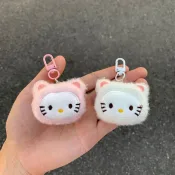 Two adorable Hello Kitty Plush Keychains held in hand, showcasing their soft and fluffy designs in pink and white.