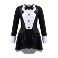 Kids Girls Sequins Latin Jazz Dance Costume – Long sleeve tuxedo leotard for stage performances.