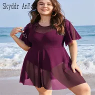 Plus Size Women's Swimwear Swim Dress – A stylish one-piece swim dress with mesh patchwork and ruffle sleeves, perfect for plus-size women.