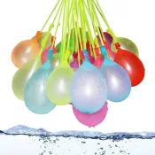 A cluster of Quick Fill Water Balloons hanging and ready to be filled, with water droplets glistening on their surfaces.