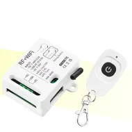 Tuya WiFi Smart Switch Controller featuring RF+WiFi connectivity, paired with a compact RF remote control for easy operation.