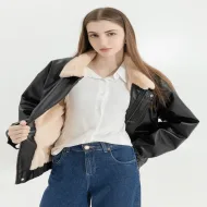Winter Fur Leather Jacket – A warm PU motorcycle coat with a lamb wool lining and fur lapel collar.